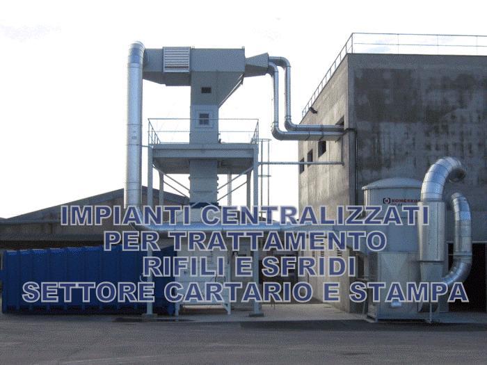 Impianto di aspirazione rifili in spinta con scarico a presscontainer e mandata aria a filtro.